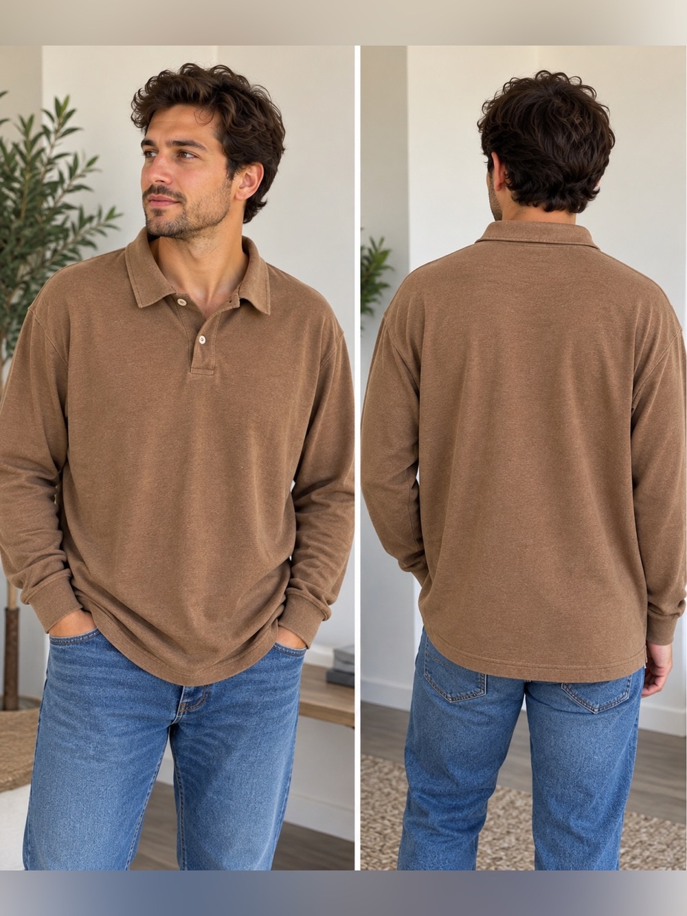 Alfani Men’s XXL Brown Long Sleeve Polo 100% Cotton